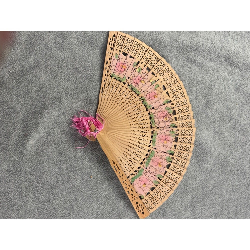 Vintage Sandalwood Folding Hand Fan Painted Floral Cutout Wood with Pink Tassel - Picture 3 of 4